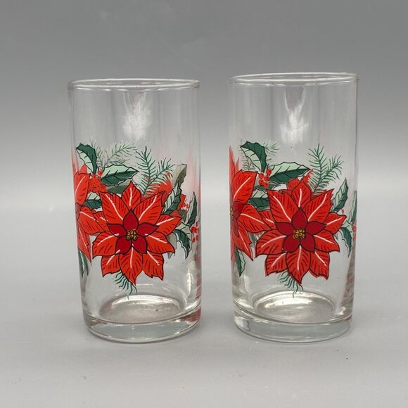 Vintage Poinsettia Christmas Drinking Glasses – Set of 2 Holiday Tumblers - Picture 3 of 6